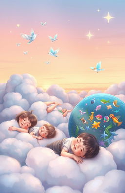 A serene and whimsical scene of several children peacefully dreaming while lying on soft fluffy clouds