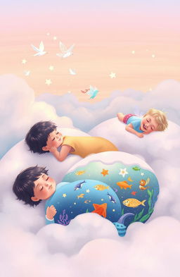 A serene and whimsical scene of several children peacefully dreaming while lying on soft fluffy clouds