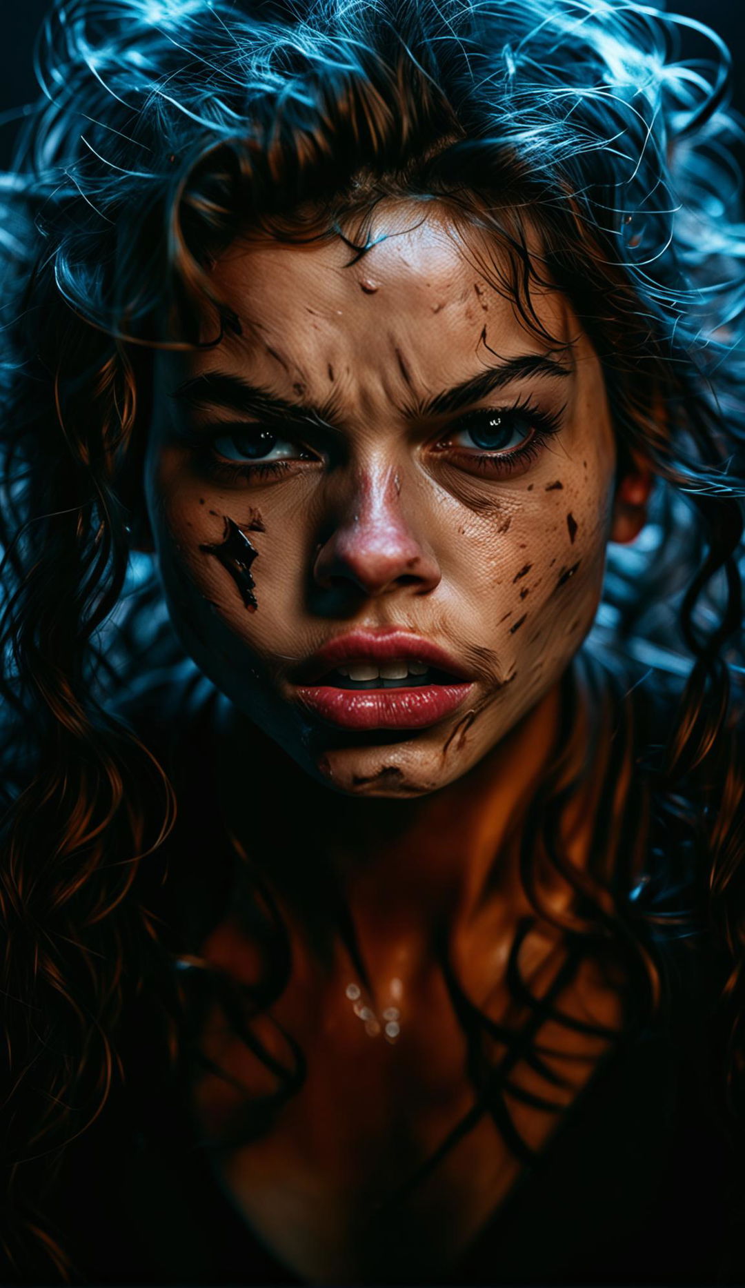 A hyper-realistic 8K photograph of a 23-year-old woman with highly detailed skin texture and lifelike features, displaying a strong expression of anger.