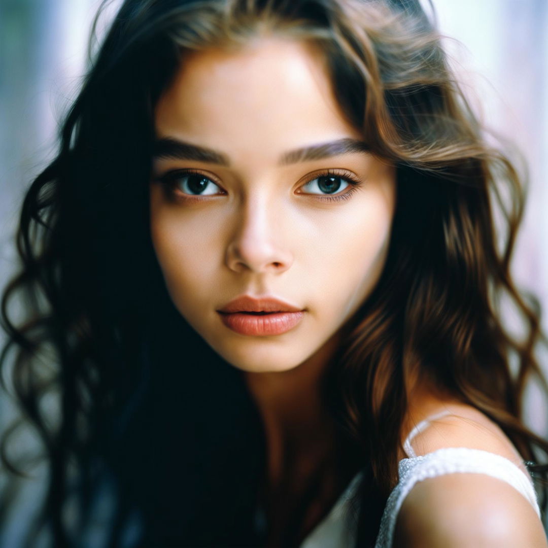 A 200mm portrait photograph of a 21-year-old girl with dark brown hair and crystal-like eyes, her youthful features highlighted by soft lighting against a blurred background.