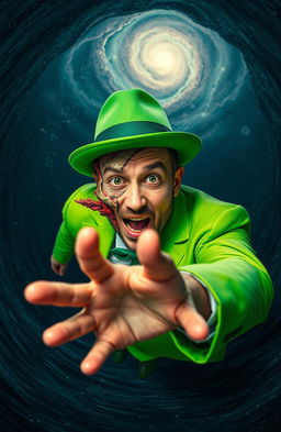 A man wearing a vibrant green suit and a stylish green fedora, dramatically falling into a swirling black hole