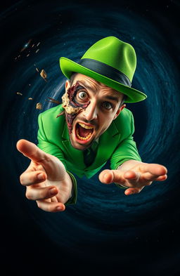 A man wearing a vibrant green suit and a stylish green fedora, dramatically falling into a swirling black hole