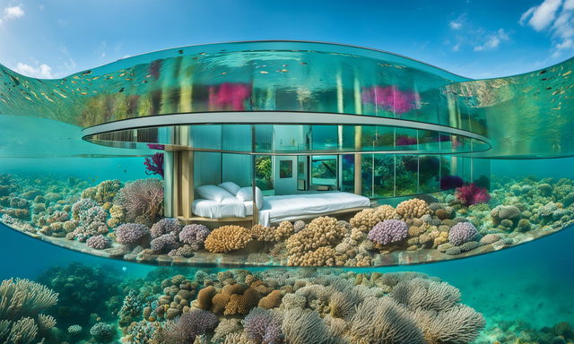 A modern floating home with transparent walls and a glass dome half-submerged in a serene coral reef. The interior blends seamlessly with nature due to uninterrupted views through clear walls. Reflections ripple on the water's surface, captured by a professional camera set to shutter priority mode at 1/125 sec and ISO 400 using a wide-angle lens.