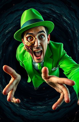 A man wearing a vibrant green suit and a stylish green fedora, dramatically falling into a swirling black hole