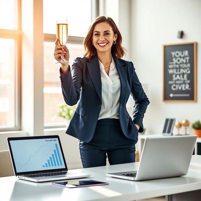 A visually captivating scene depicting a successful businesswoman celebrating a major achievement