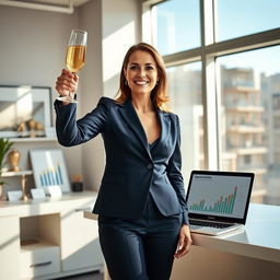 A visually captivating scene depicting a successful businesswoman celebrating a major achievement