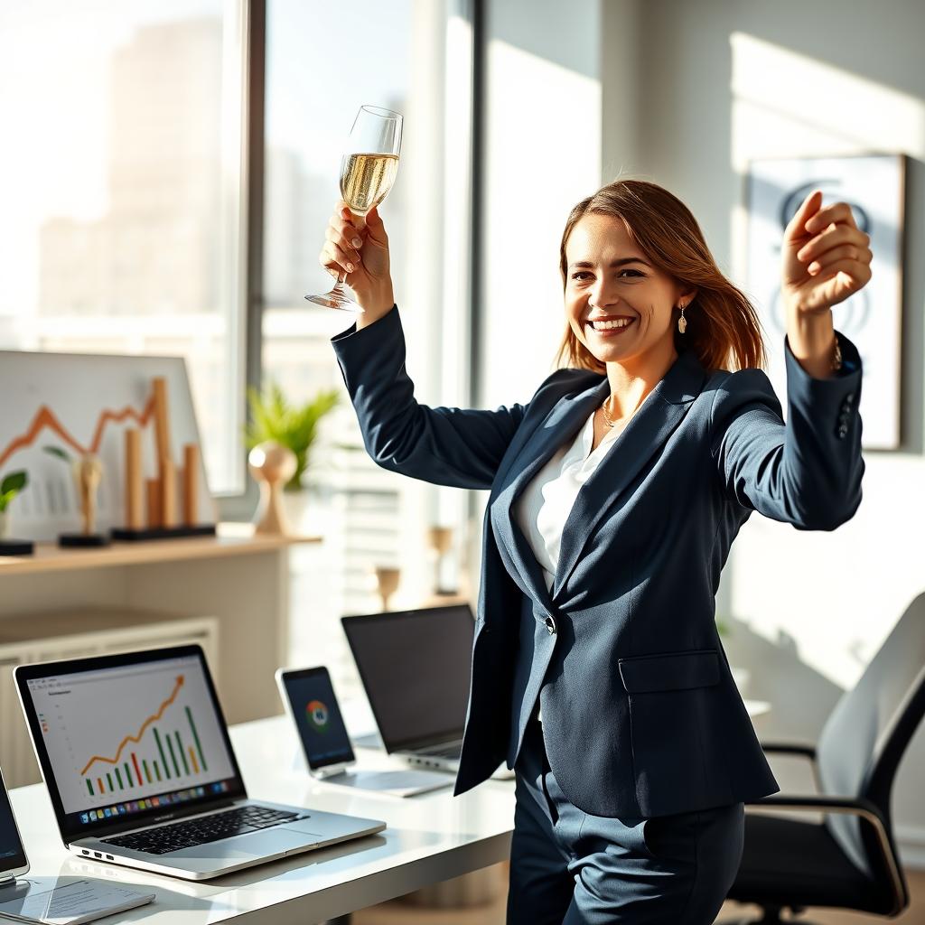 A visually captivating scene depicting a successful businesswoman celebrating a major achievement