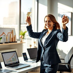 A visually captivating scene depicting a successful businesswoman celebrating a major achievement