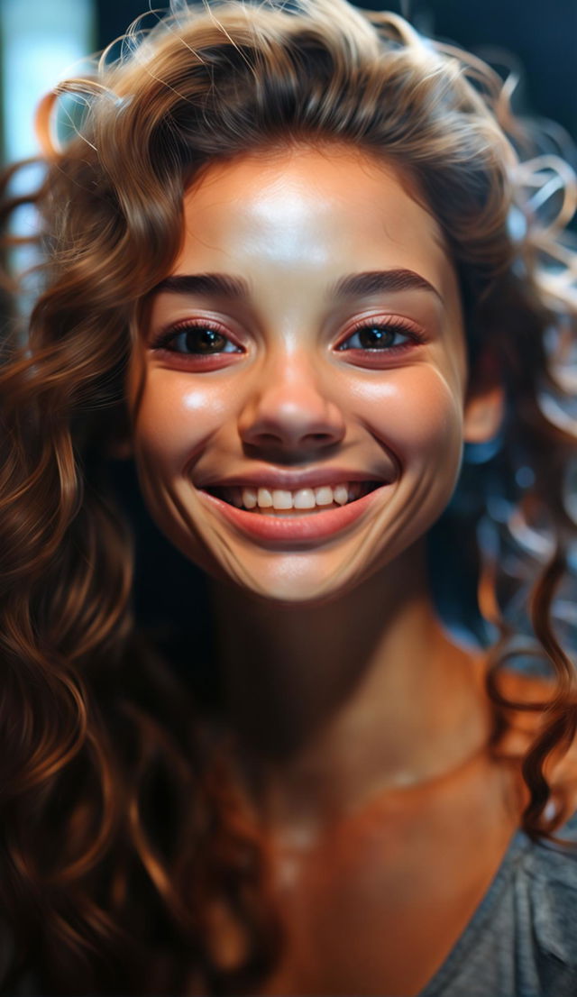 A hyper-realistic 8K photograph of a 23-year-old woman with highly detailed skin texture and lifelike features, radiating with joy.