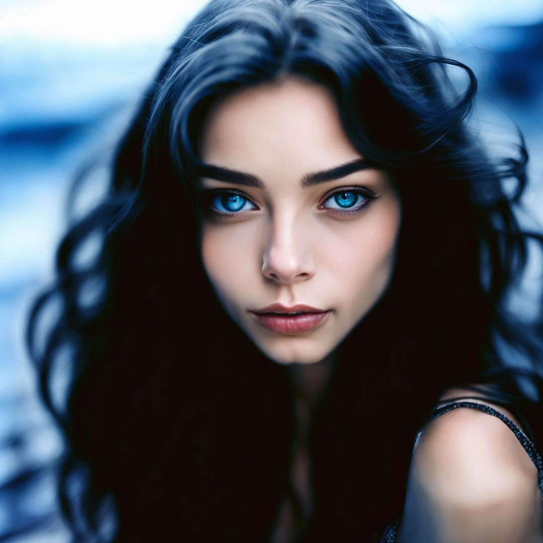 A 200mm portrait photograph of a 21-year-old girl with jet black hair and piercing blue eyes, her youthful features highlighted by soft lighting against a blurred background.