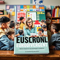 A visually striking book cover designed for a theme centered on a school for neurodivergent students, illustrating the role of educators in transforming education