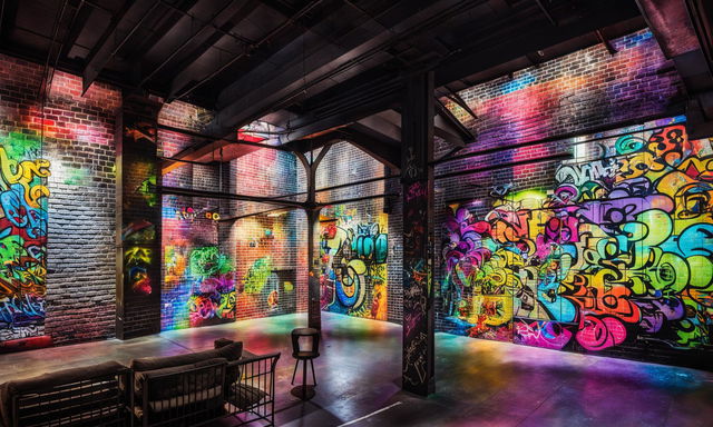 Nighttime view of a funky urban loft in New York City with dramatic artificial lighting highlighting a vaulted ceiling and graffiti art on brick walls, captured with a tilt-shift lens.