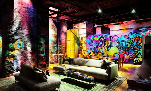 Nighttime view of a cozy, inviting urban loft in New York City, furnished with modern pieces. Dramatic artificial lighting highlights a vaulted ceiling and graffiti art on brick walls, captured with a tilt-shift lens.