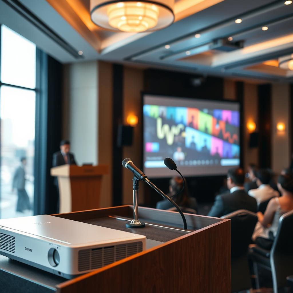 An elegant presentation setup with a sleek projector displaying vibrant slides, a wooden podium adorned with a microphone, and an audience engaged in the background, all set in a modern conference hall featuring stylish decor and soft lighting