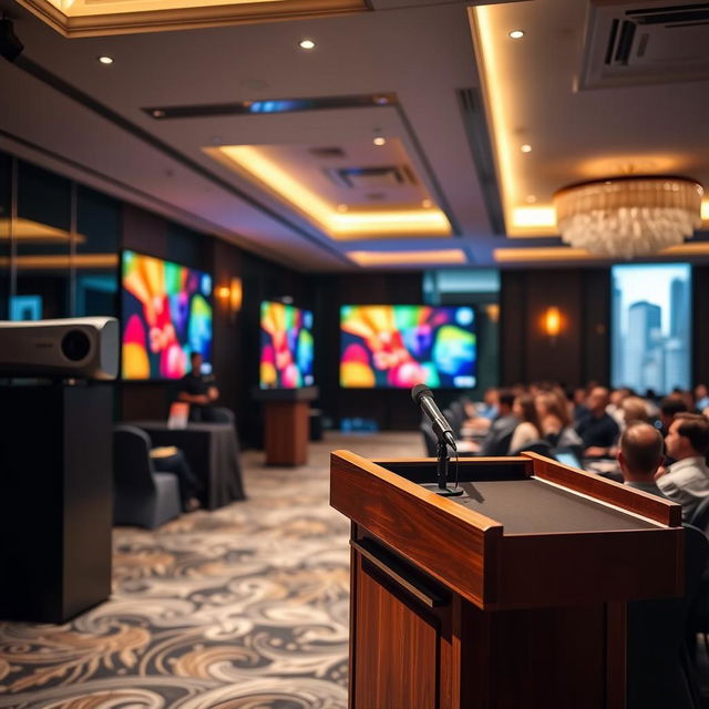 An elegant presentation setup with a sleek projector displaying vibrant slides, a wooden podium adorned with a microphone, and an audience engaged in the background, all set in a modern conference hall featuring stylish decor and soft lighting