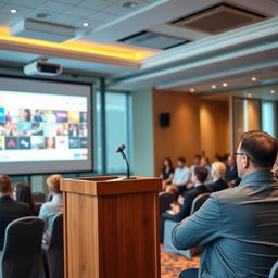 An elegant presentation setup with a sleek projector displaying vibrant slides, a wooden podium adorned with a microphone, and an audience engaged in the background, all set in a modern conference hall featuring stylish decor and soft lighting