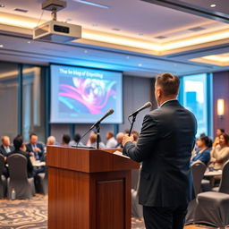 An elegant presentation setup with a sleek projector displaying vibrant slides, a wooden podium adorned with a microphone, and an audience engaged in the background, all set in a modern conference hall featuring stylish decor and soft lighting