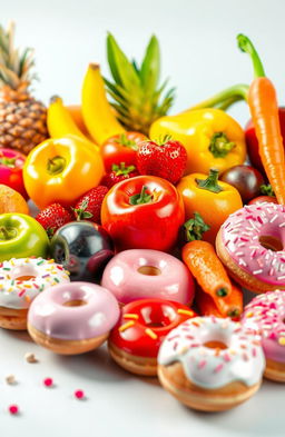 A stunning 3D arrangement of vibrant fruits, vegetables, and sweet treats, featuring an assortment of colorful and shiny apples, bananas, strawberries, bell peppers, carrots, and donuts with icing and sprinkles