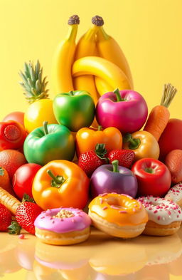 A stunning 3D arrangement of vibrant fruits, vegetables, and sweet treats, featuring an assortment of colorful and shiny apples, bananas, strawberries, bell peppers, carrots, and donuts with icing and sprinkles