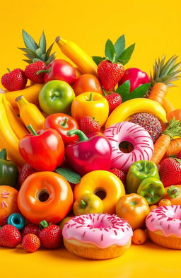 A stunning 3D arrangement of vibrant fruits, vegetables, and sweet treats, featuring an assortment of colorful and shiny apples, bananas, strawberries, bell peppers, carrots, and donuts with icing and sprinkles