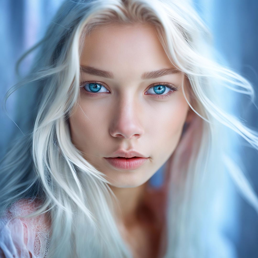 A 200mm portrait photograph of a 21-year-old girl with white hair and piercing blue eyes, her youthful features highlighted by soft lighting against a muted pastel-colored background.