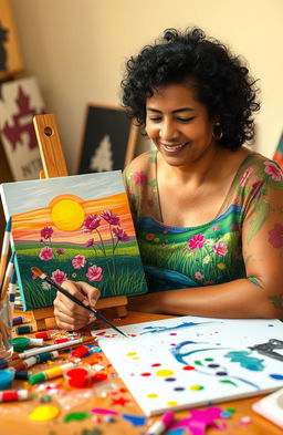 A vibrant and heartfelt scene showing a person passionately creating art
