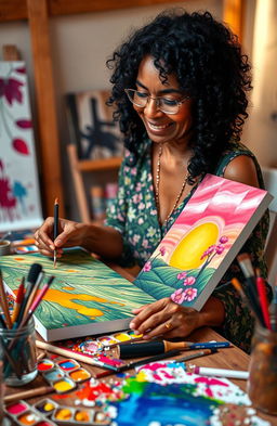 A vibrant and heartfelt scene showing a person passionately creating art