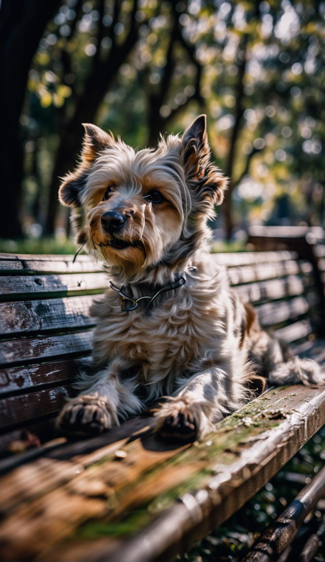 Ultra-realistic photograph taken with a Sony α7 III camera featuring a dog sitting on a park bench surrounded by lush greenery, shot in high resolution and 16:9 aspect ratio.