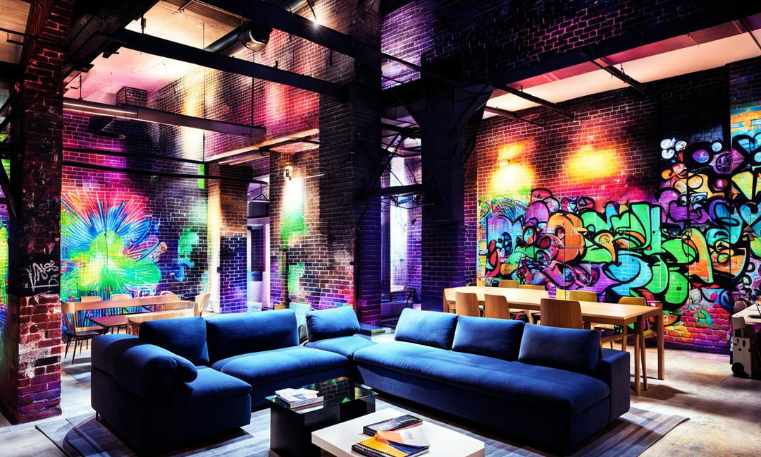 Nighttime view of a cozy, inviting urban loft in New York City, furnished with modern pieces including a plush navy sofa. Dramatic artificial lighting highlights a vaulted ceiling and graffiti art on brick walls, captured with a tilt-shift lens.