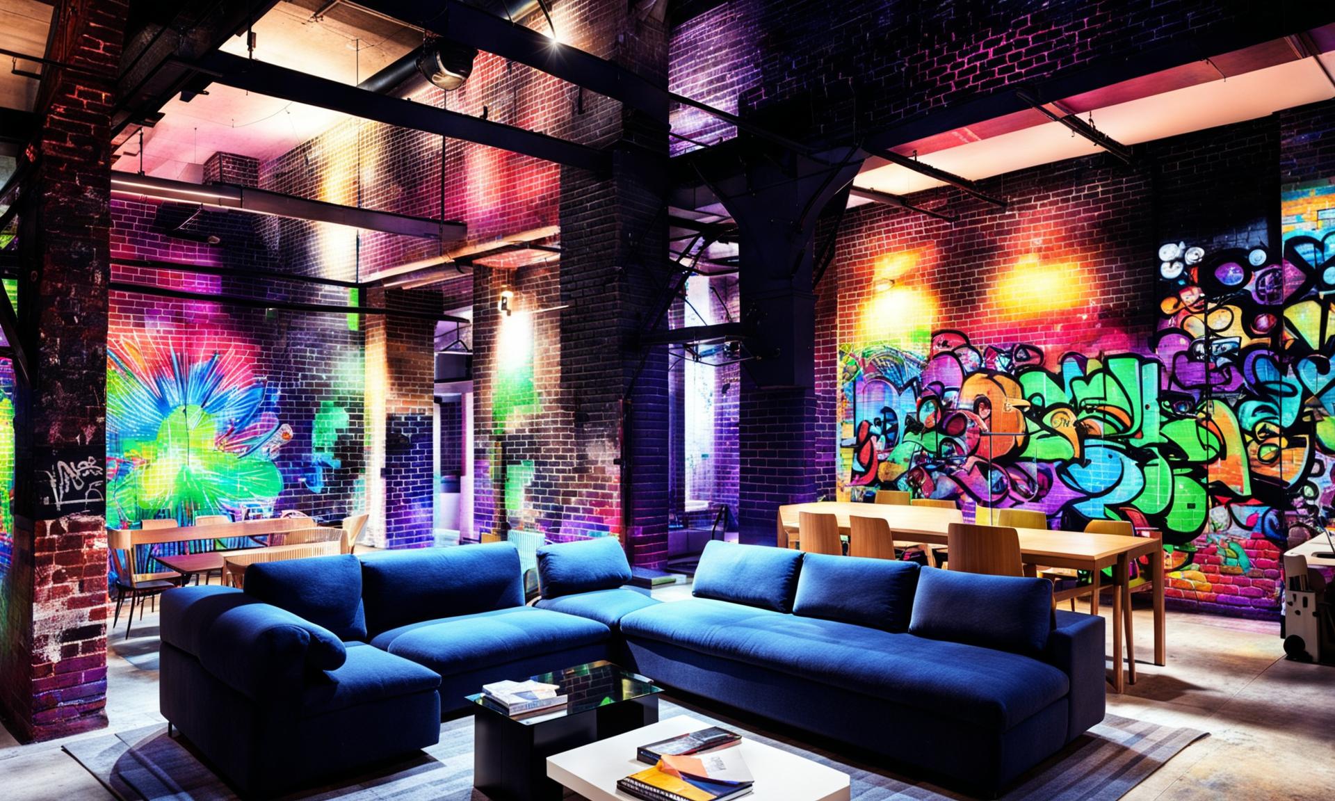 Nighttime view of a cozy, inviting urban loft in New York City, furnished with modern pieces including a plush navy sofa. Dramatic artificial lighting highlights a vaulted ceiling and graffiti art on brick walls, captured with a tilt-shift lens.