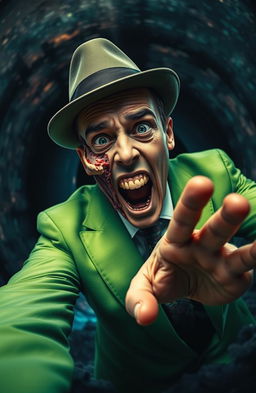 A dramatic scene depicting a man wearing a vibrant green suit and a classic fedora, as he is being pulled into a black hole