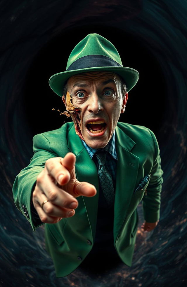 A dramatic scene depicting a man wearing a vibrant green suit and a classic fedora, as he is being pulled into a black hole