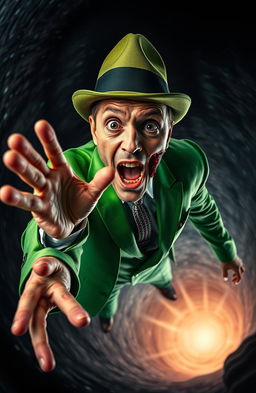 A dramatic scene depicting a man wearing a vibrant green suit and a classic fedora, as he is being pulled into a black hole