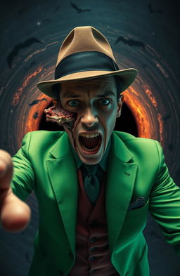 A dramatic scene depicting a man wearing a vibrant green suit and a classic fedora, as he is being pulled into a black hole