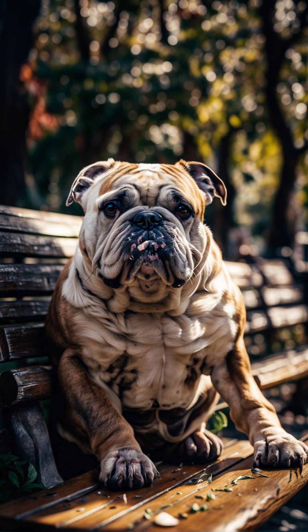 Ultra-realistic photograph taken with a Sony α7 III camera featuring a bulldog sitting on a park bench surrounded by lush greenery, shot in high resolution and 16:9 aspect ratio.