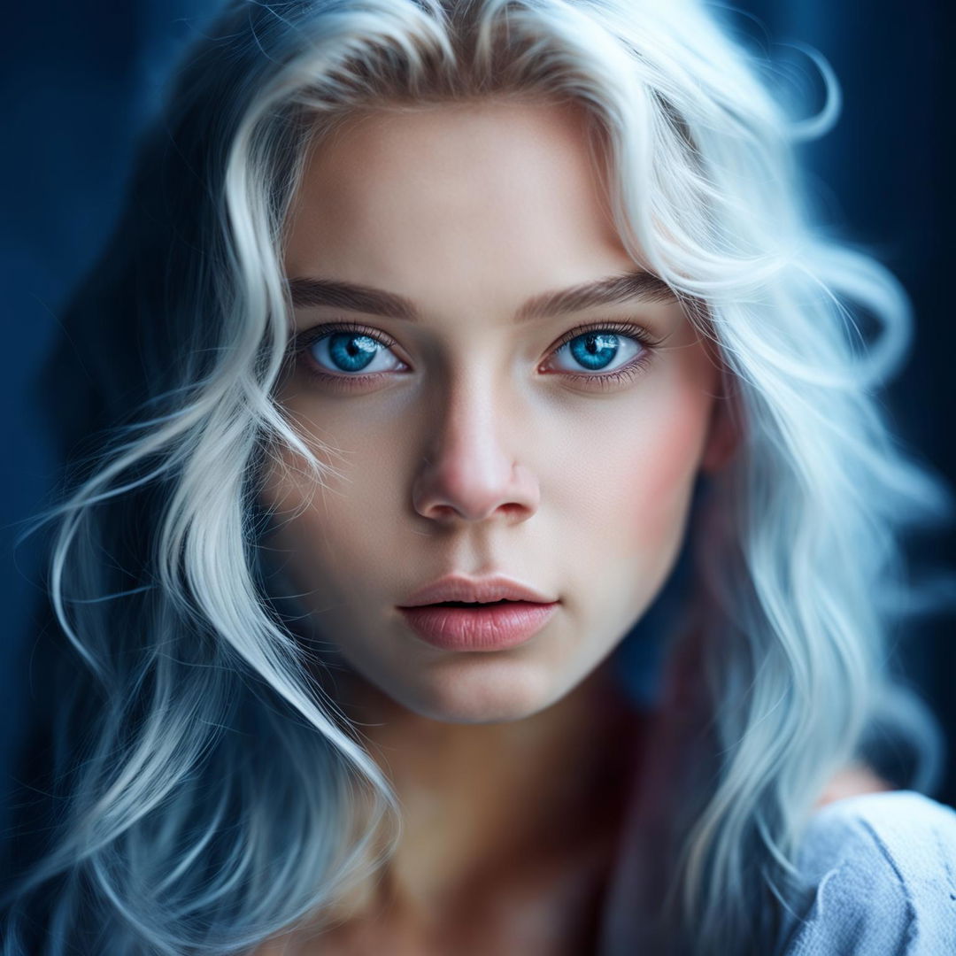 A cinematic 200mm portrait photograph of a 21-year-old girl with white hair and piercing blue eyes, her youthful features dramatically lit against a backdrop of muted pastel colors.