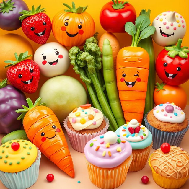 A playful and whimsical scene featuring a colorful assortment of fruits, vegetables, muffins, and cupcakes