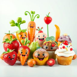 A playful and whimsical scene featuring a colorful assortment of fruits, vegetables, muffins, and cupcakes