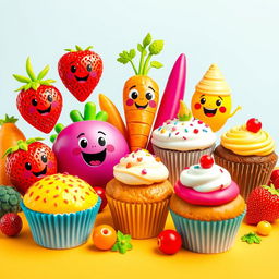 A playful and whimsical scene featuring a colorful assortment of fruits, vegetables, muffins, and cupcakes