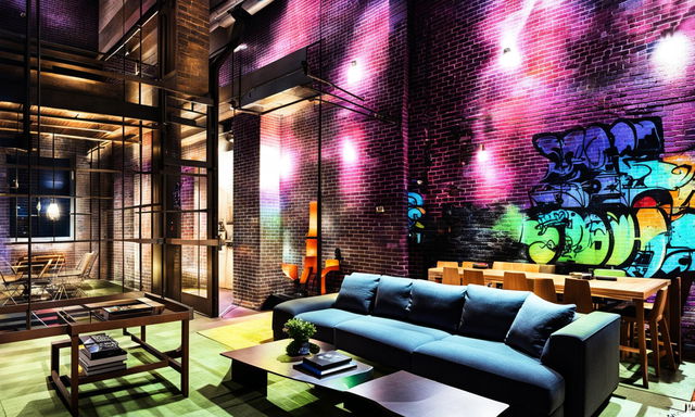 Cozy, inviting urban loft in New York City at night, furnished with modern pieces including a plush navy sofa. Soft, candle-like artificial lighting highlights a vaulted ceiling and graffiti art on brick walls, captured with a tilt-shift lens.