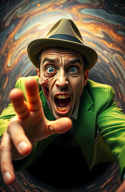 A man in a vibrant green suit and a stylish fedora, caught in the dramatic moment of falling into a black hole