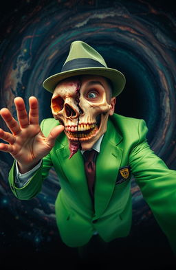 A man in a vibrant green suit and a stylish fedora, caught in the dramatic moment of falling into a black hole