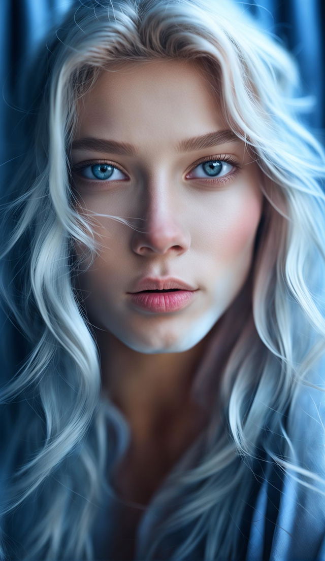 A cinematic 200mm portrait photograph of a 21-year-old girl with snow-white hair and deep blue eyes, her youthful features dramatically illuminated against a backdrop of muted pastel hues.