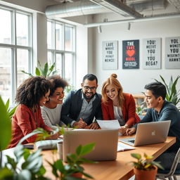 An engaging and professional scene depicting a diverse group of people in a modern office setting, collaborating on a project