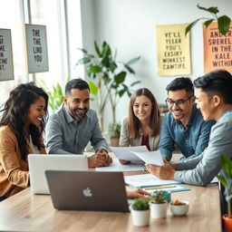 An engaging and professional scene depicting a diverse group of people in a modern office setting, collaborating on a project