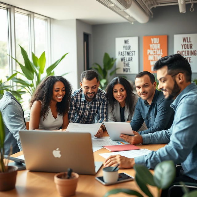 An engaging and professional scene depicting a diverse group of people in a modern office setting, collaborating on a project