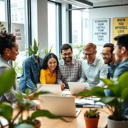 An engaging and professional scene depicting a diverse group of people in a modern office setting, collaborating on a project