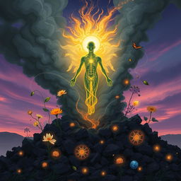 An imaginative, visually striking representation of human regeneration, encapsulating the theme of 'Rising from the Ashes