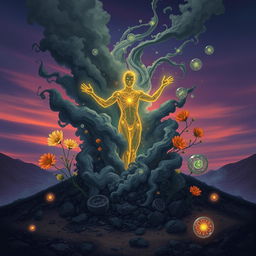 An imaginative, visually striking representation of human regeneration, encapsulating the theme of 'Rising from the Ashes