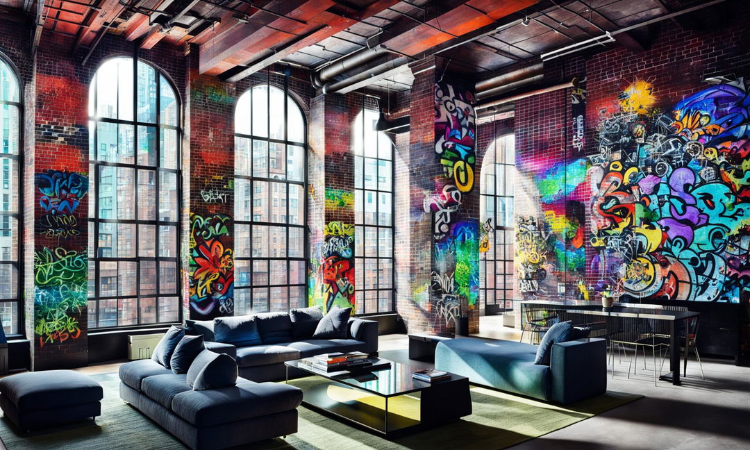 Daytime view of a peaceful urban loft in New York City, furnished with modern pieces including a plush navy sofa. Soft sunlight casts gentle shadows across a vaulted ceiling and graffiti art on brick walls, captured with a tilt-shift lens.